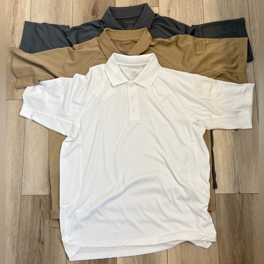 Sz L Propper Like New White, Tan, and Grey Polo Shirts